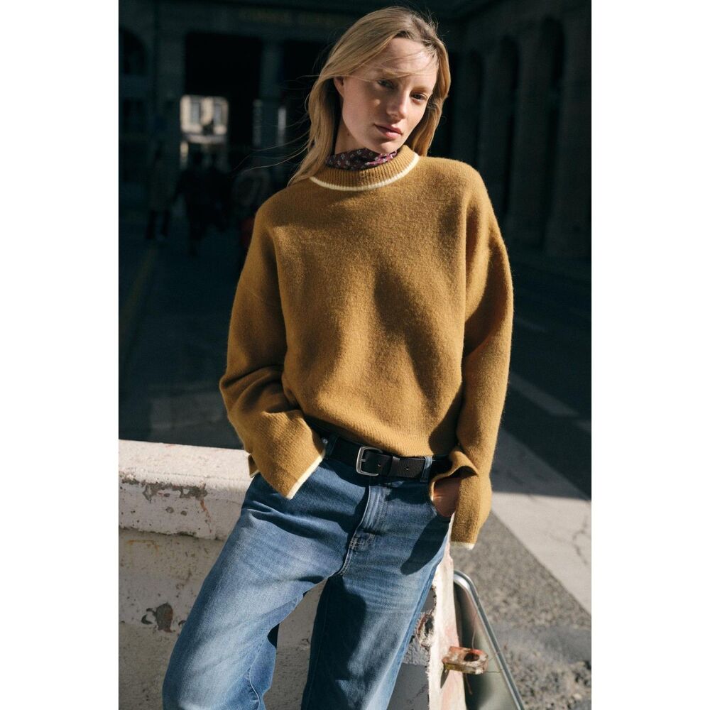 Zara Knit Jumper with Contrast Trim Mustard Yellow Sweater Size M
